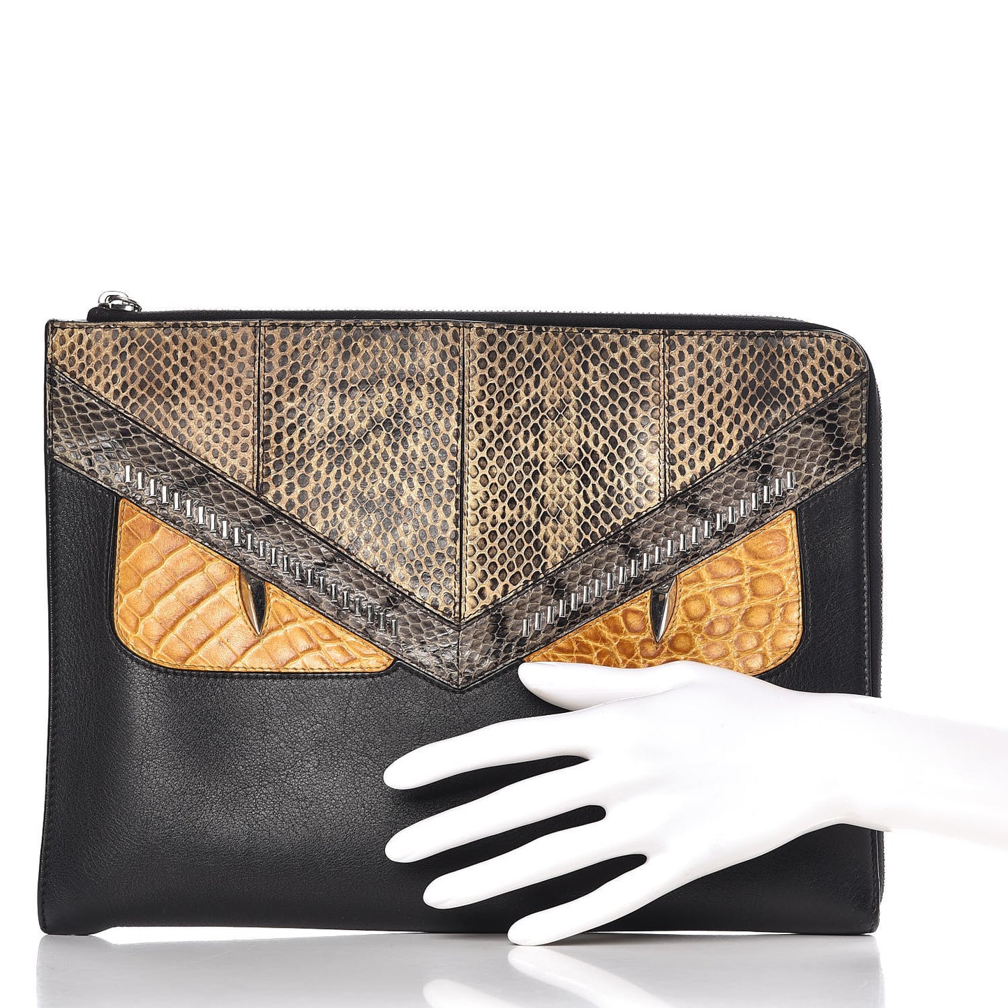 Calfskin Ayers Crocodile Monster Eyes Zip Around Pouch Black