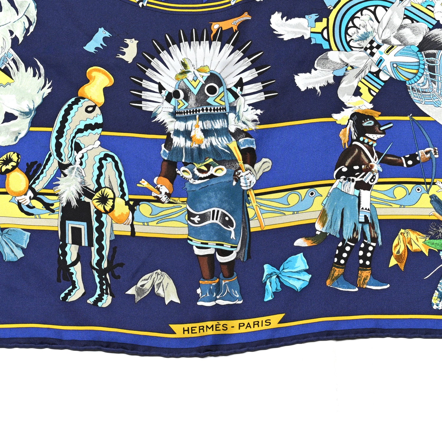 Hermes Silk Kachinas Wash Scarf 90 Marine Jaune Vert 2 of 6