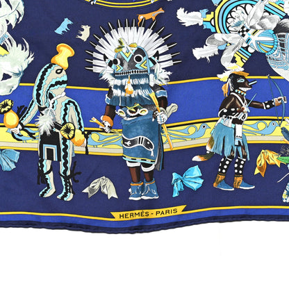 Hermes Silk Kachinas Wash Scarf 90 Marine Jaune Vert 2 of 6