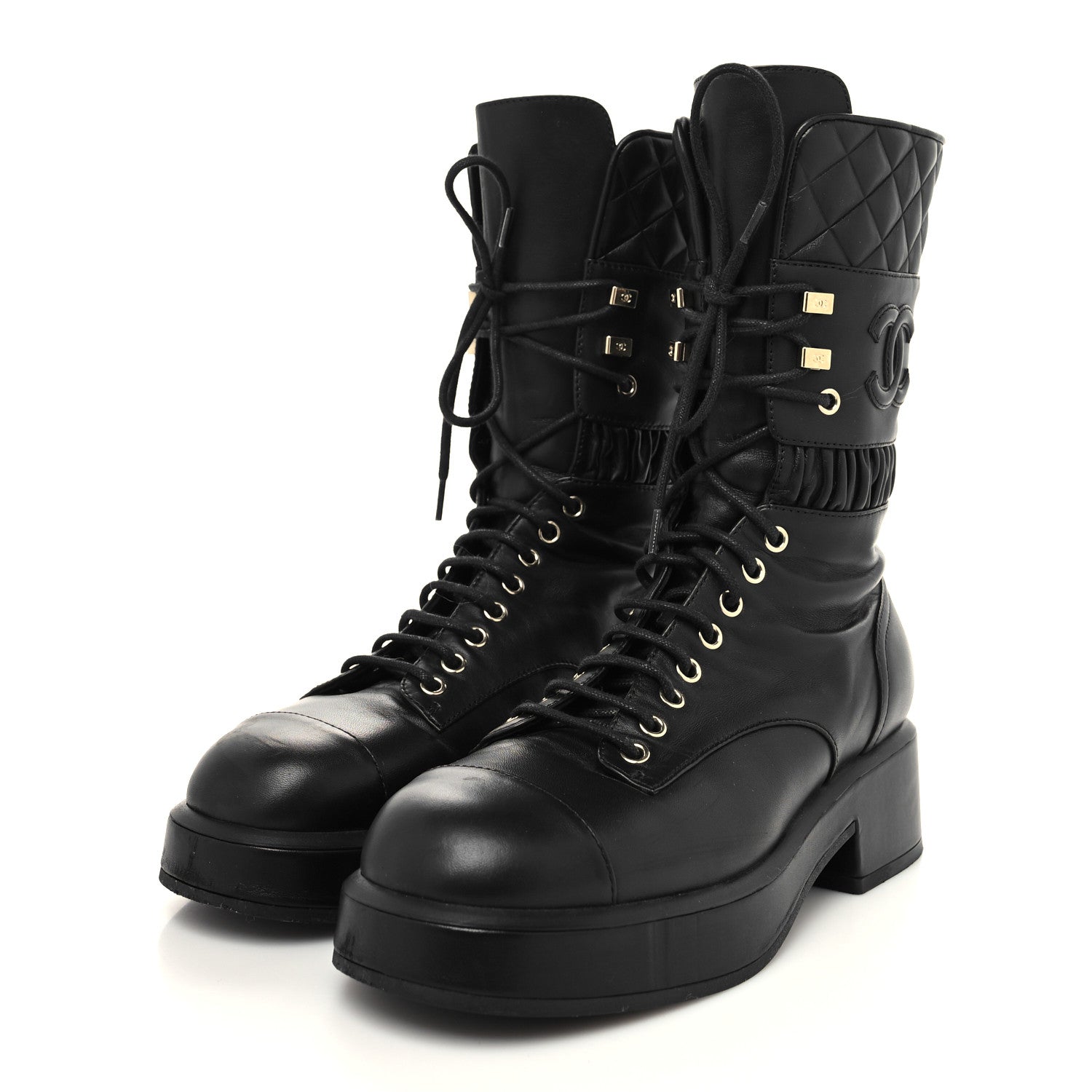 Chanel Lambskin Quilted Lace Up Combat Boots 39 Black 3 of 8