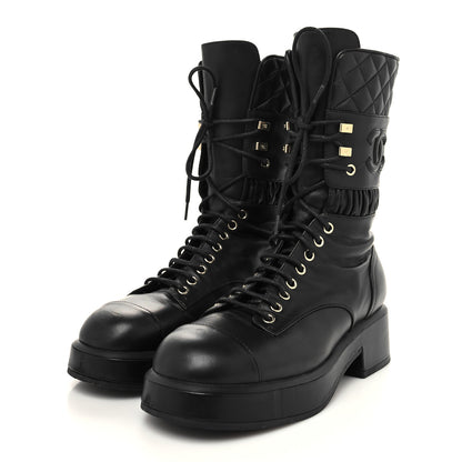 Chanel Lambskin Quilted Lace Up Combat Boots 39 Black 3 of 8