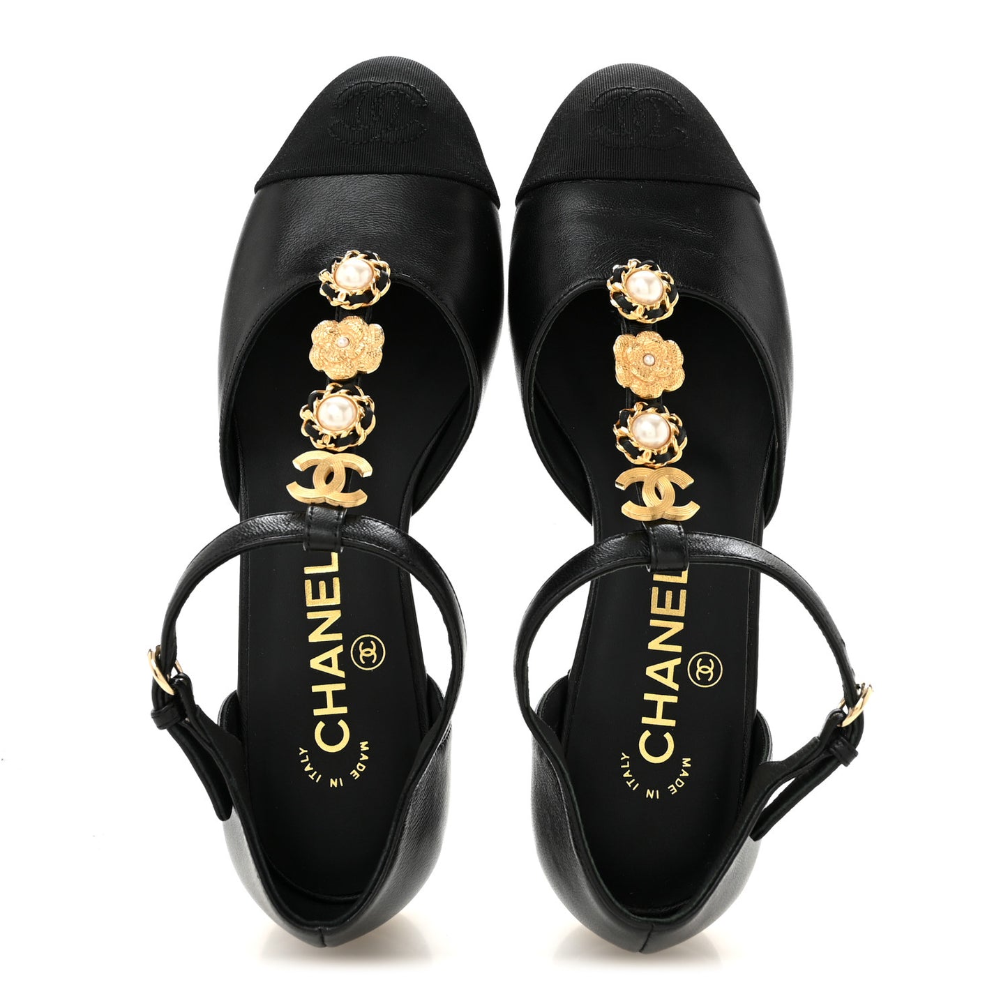 Lambskin Grosgrain Cap Toe Pearl CC Mary Jane Flats 36 Black