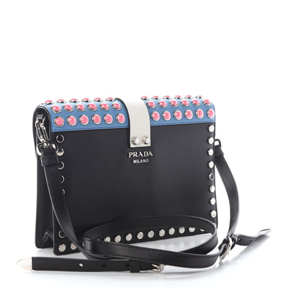 Prada City Calfskin Orchid Print Studded Elektra Shoulder Bag Fuoco Black 3 of 8