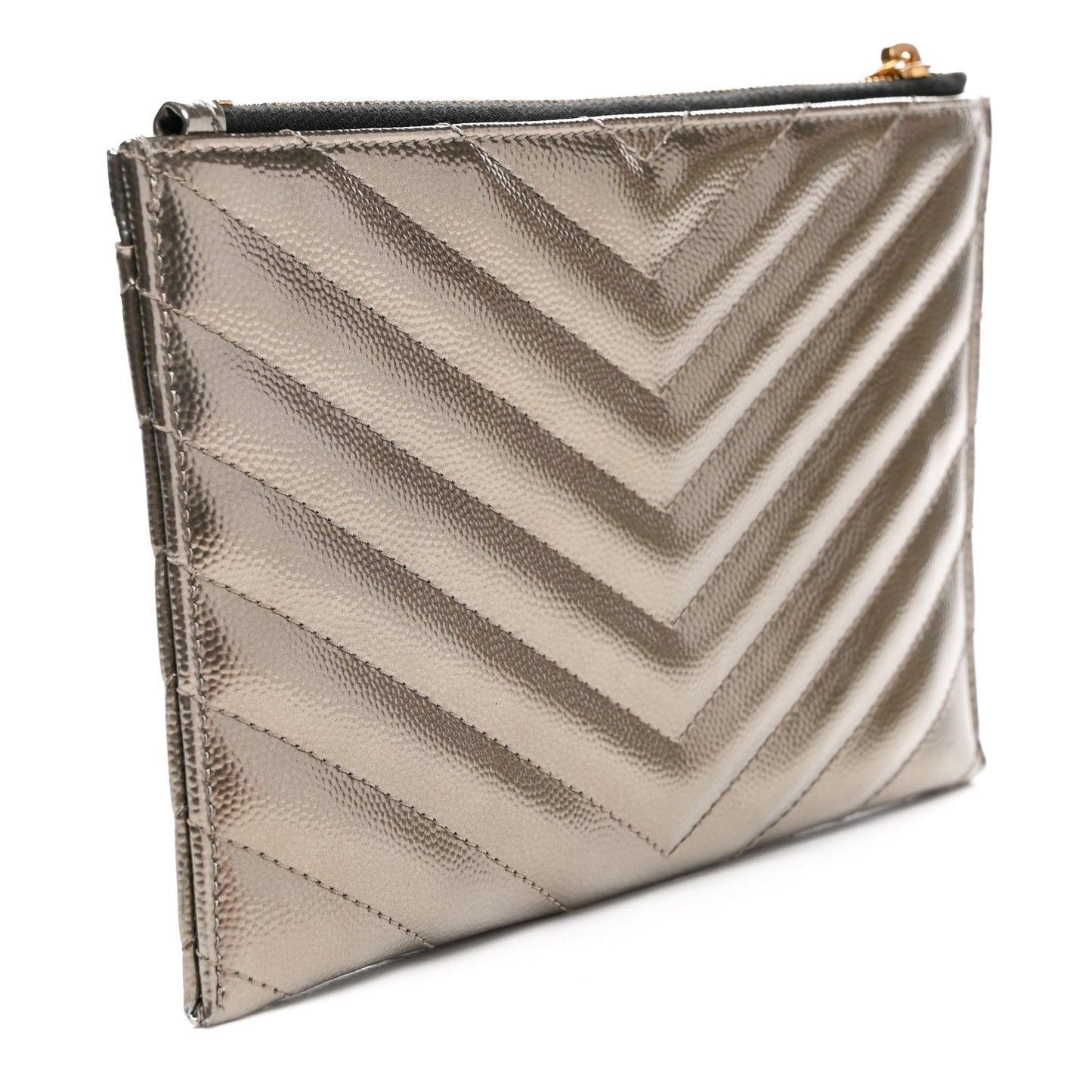 Metallic Grain De Poudre Matelasse Chevron Monogram Bill Pouch Piombo