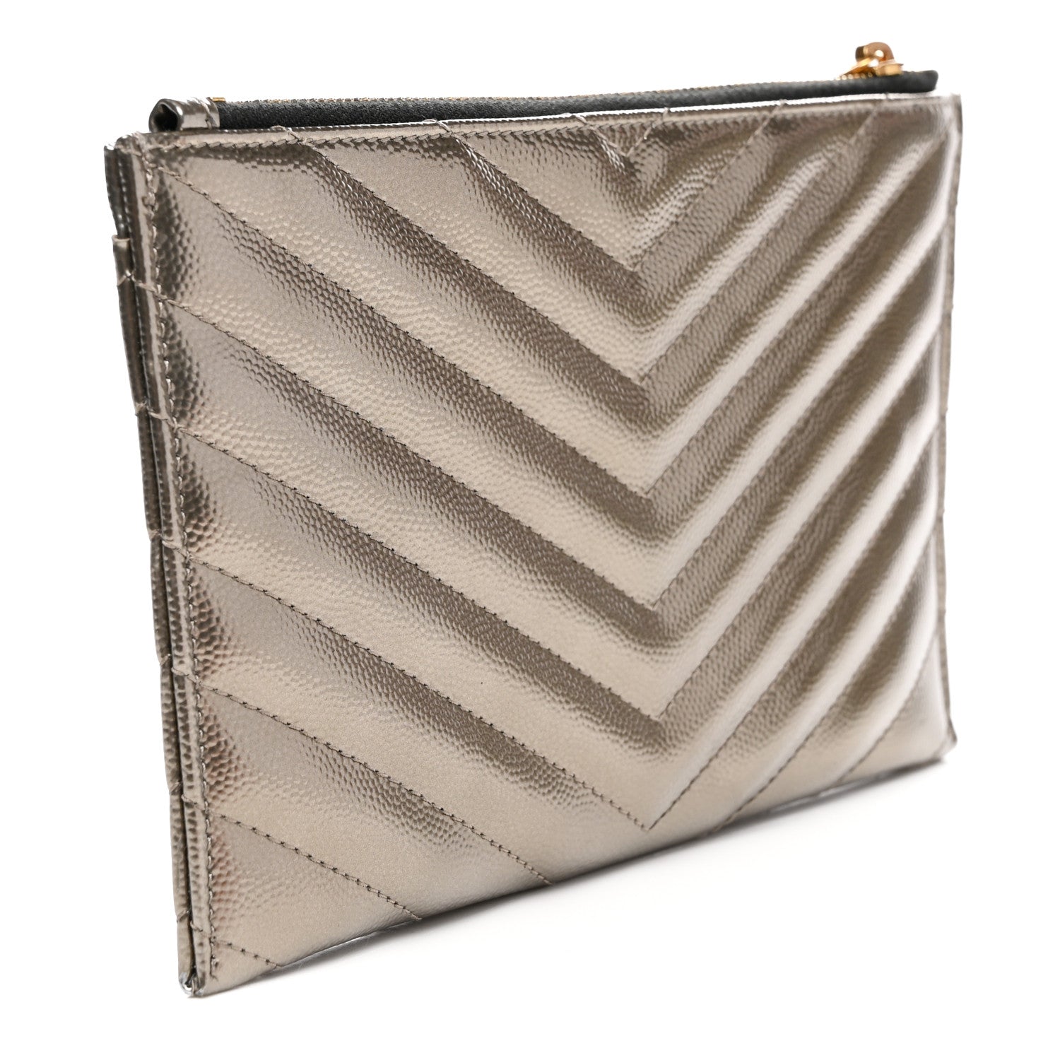 Saint Laurent Metallic Grain De Poudre Matelasse Chevron Monogram Bill Pouch Piombo 3 of 9