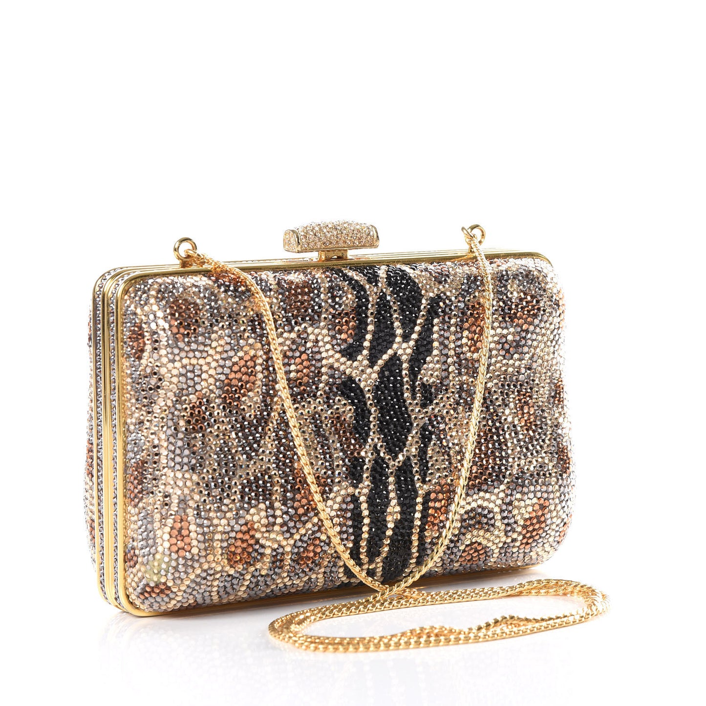 Crystal Leopard Minaudiere Clutch Gold Brown