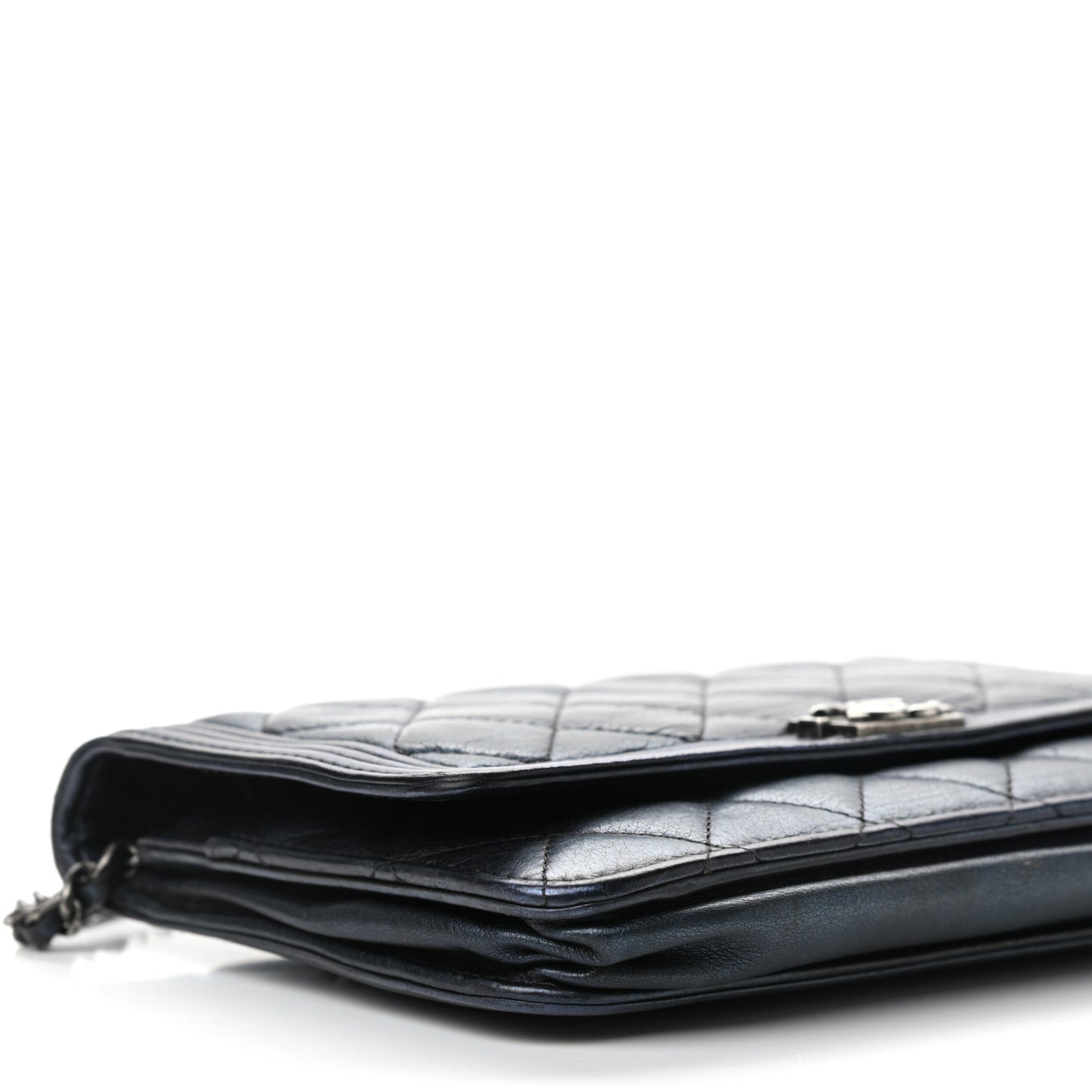 Metallic Calfskin Quilted Boy Wallet On Chain WOC Navy Blue