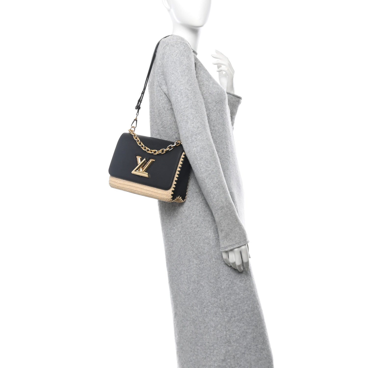 Louis Vuitton Calfskin Raffia Twist Shoulder Bag MM Black 2 of 9