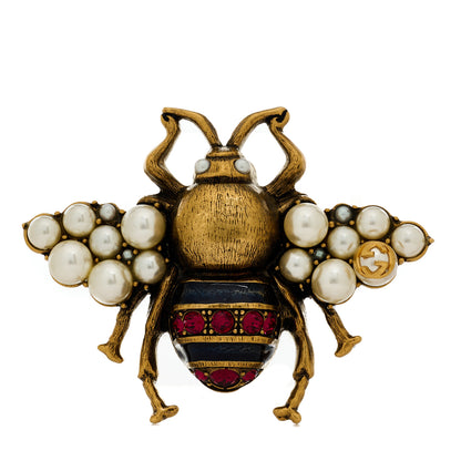 Gucci Metal Pearl Crystal Bee Brooch Aged Gold 1 of 4