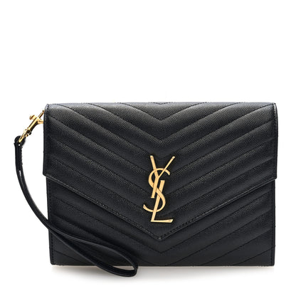 Saint Laurent Grain De Poudre Matelasse Chevron Monogram Envelope Clutch Black 1 of 6