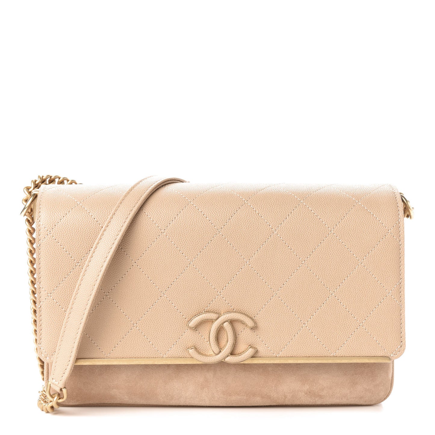 Grained Calfskin Stitched Enamel CC Flap Bag Beige