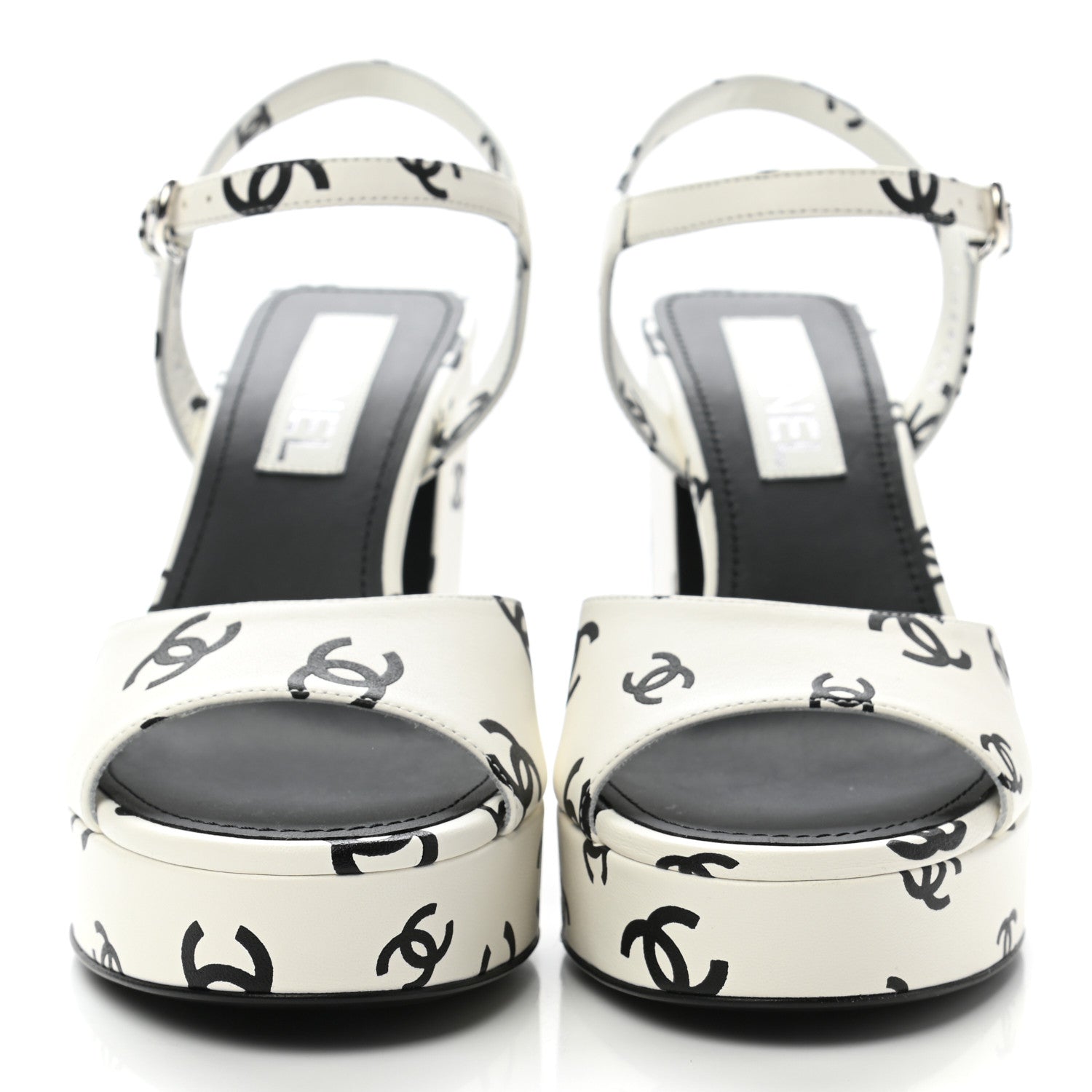 Chanel Printed Lambskin Coco Beach Platform Sandals 38.5 White Black 2 of 9