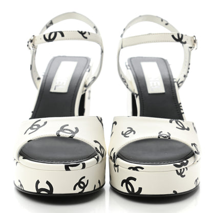 Chanel Printed Lambskin Coco Beach Platform Sandals 38.5 White Black 2 of 9