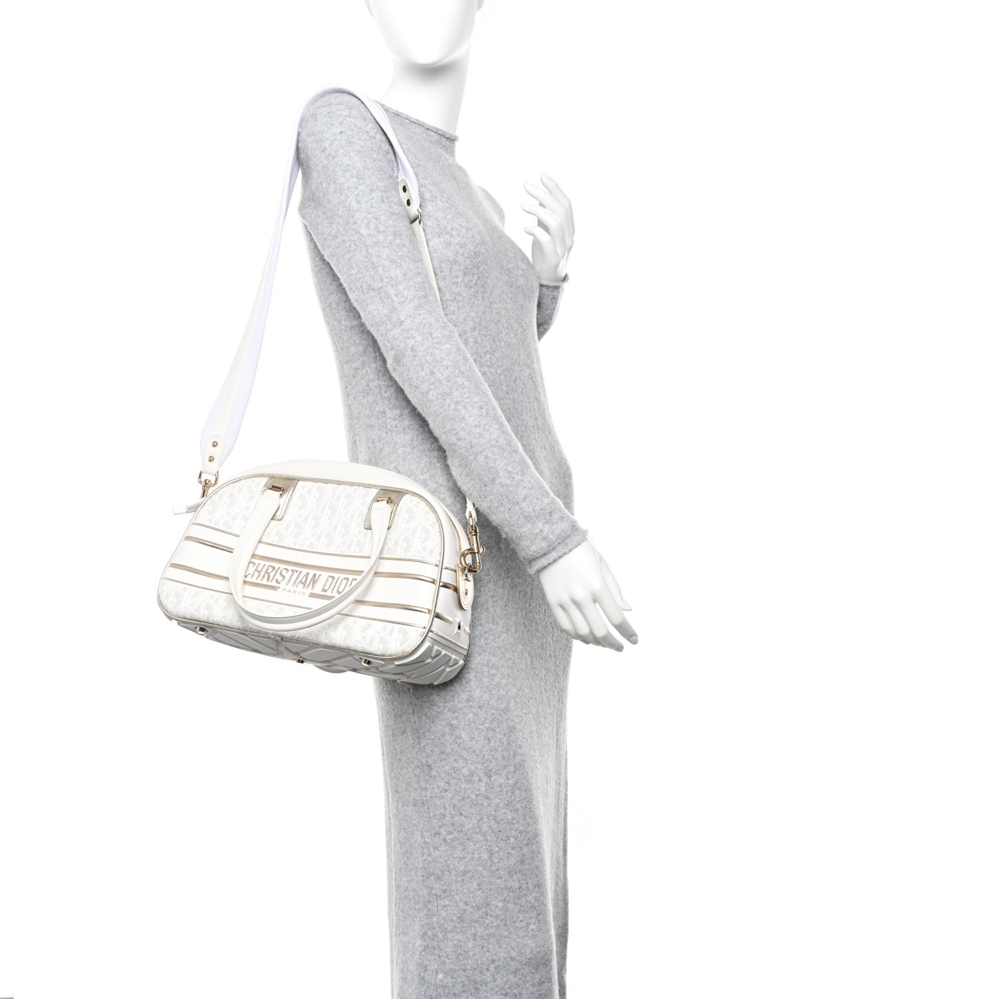 Perforated Calfskin Medium Dior Vibe Classic Bowling Bag White Gold