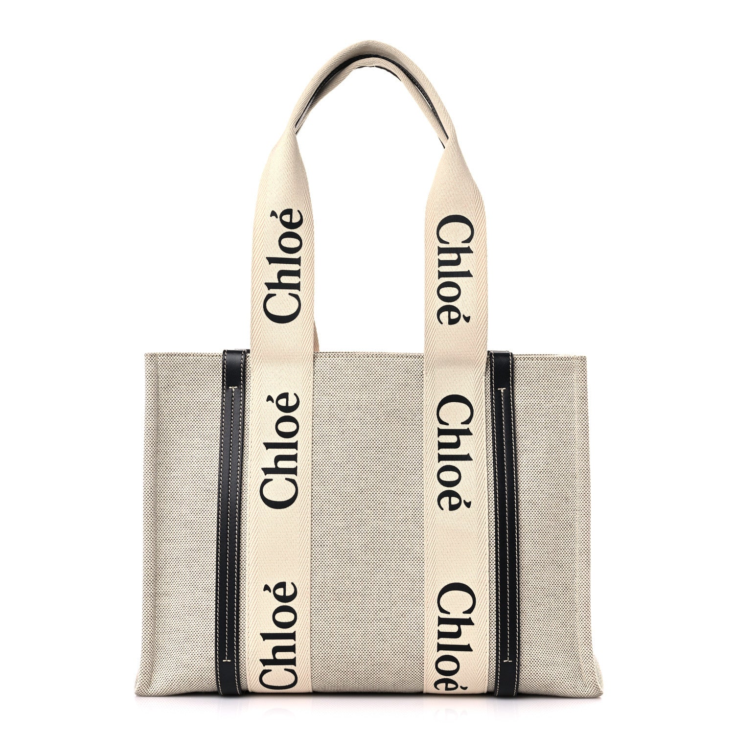 Chloe Cotton Calfskin Medium Woody Ribbon Tote White Black 1 of 12