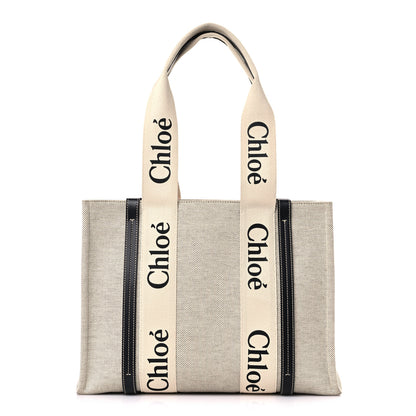Chloe Cotton Calfskin Medium Woody Ribbon Tote White Black 1 of 12