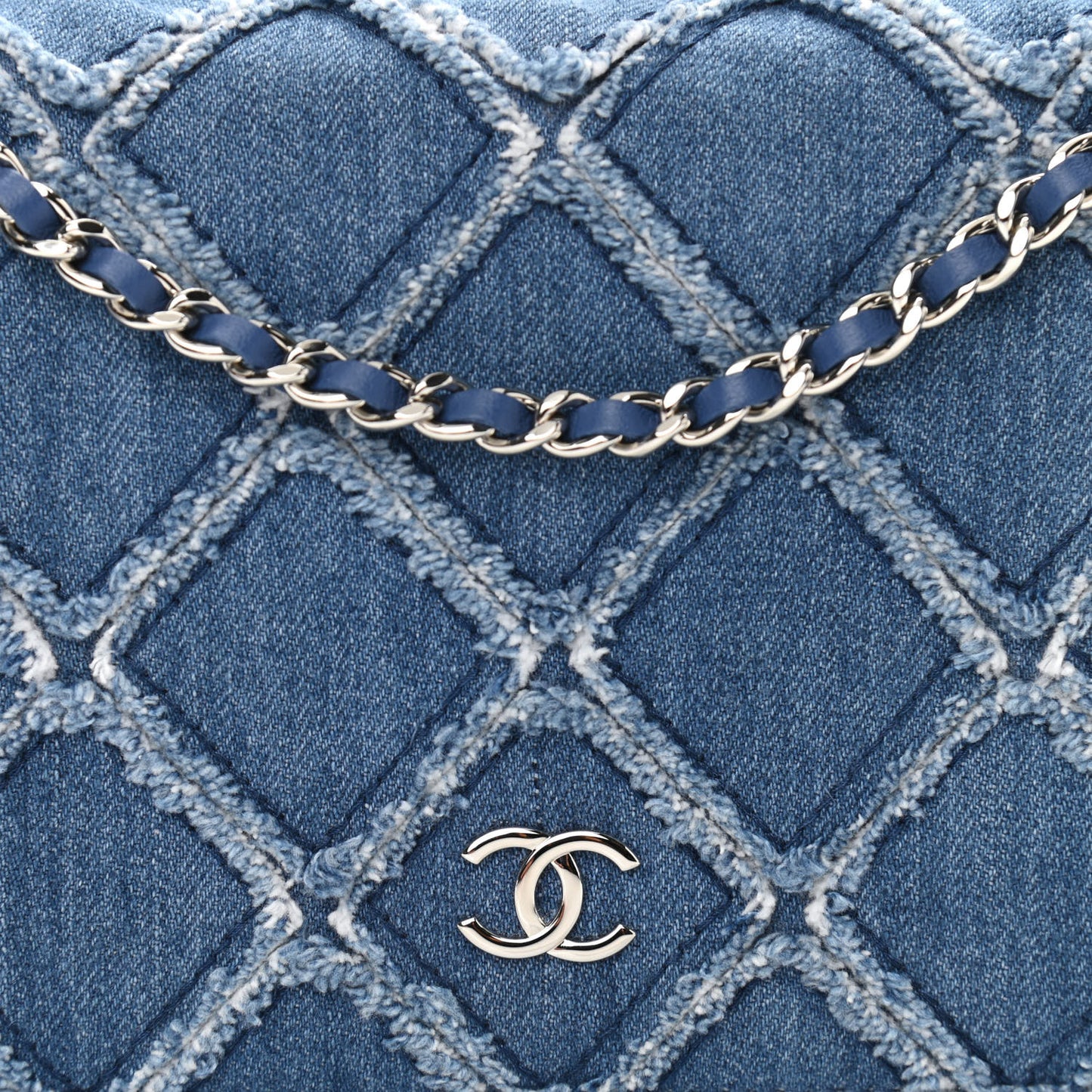 Frayed Denim Quilted Wallet On Chain WOC Blue