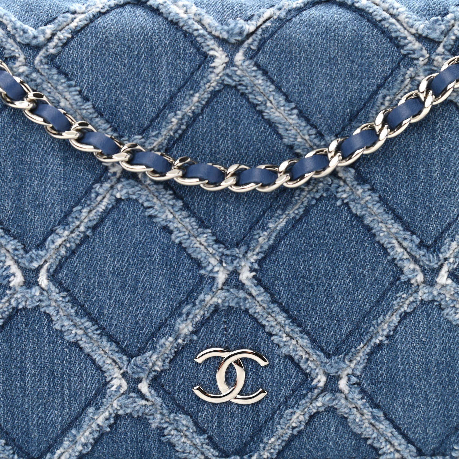 Chanel Frayed Denim Quilted Wallet On Chain WOC Blue 7 of 9
