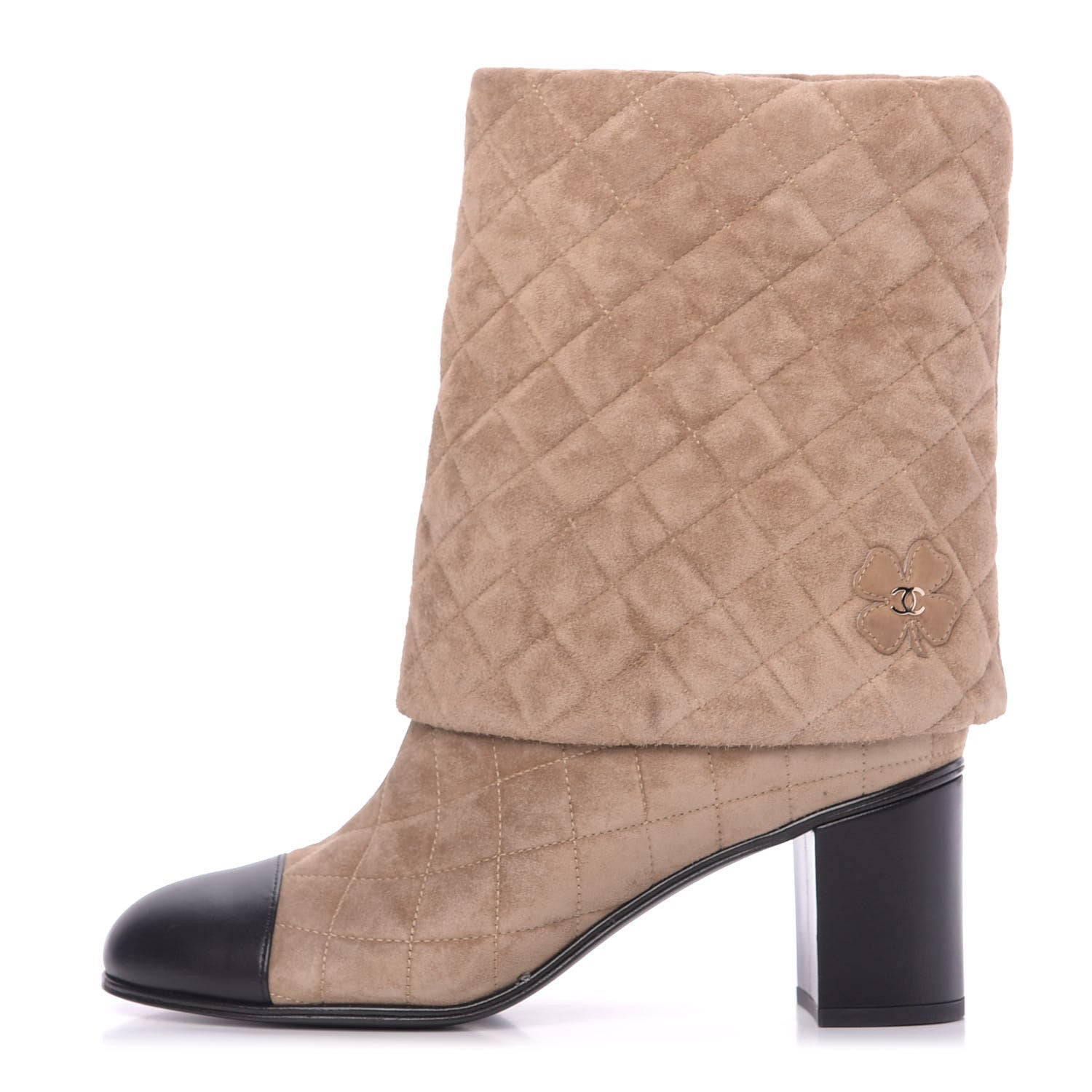 Chanel Suede Quilted Foldover CC Clover Short Boots 40 Beige Black 1 of 11