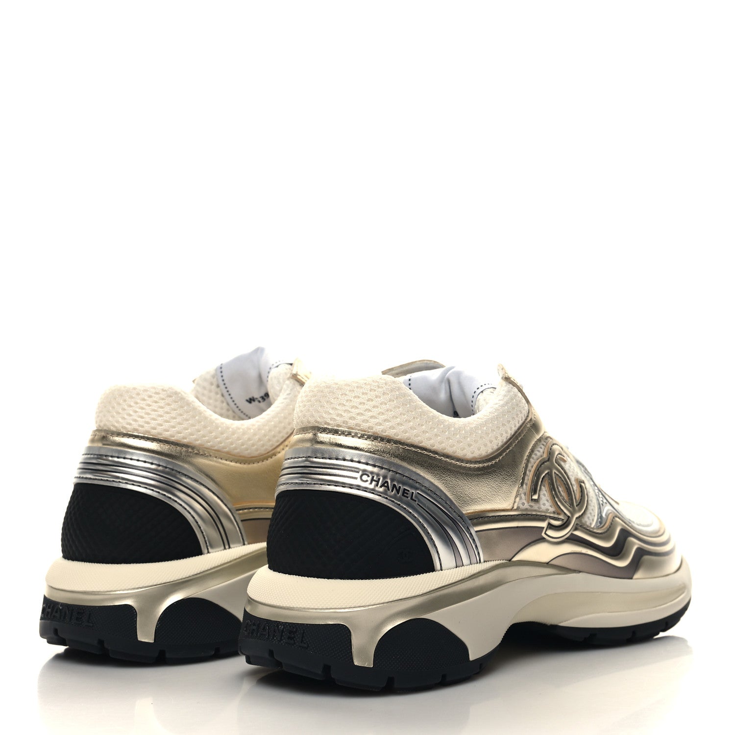 Chanel Fabric Laminated Calfskin Stretch CC Sneakers 39 White Gold Silver 5 of 8