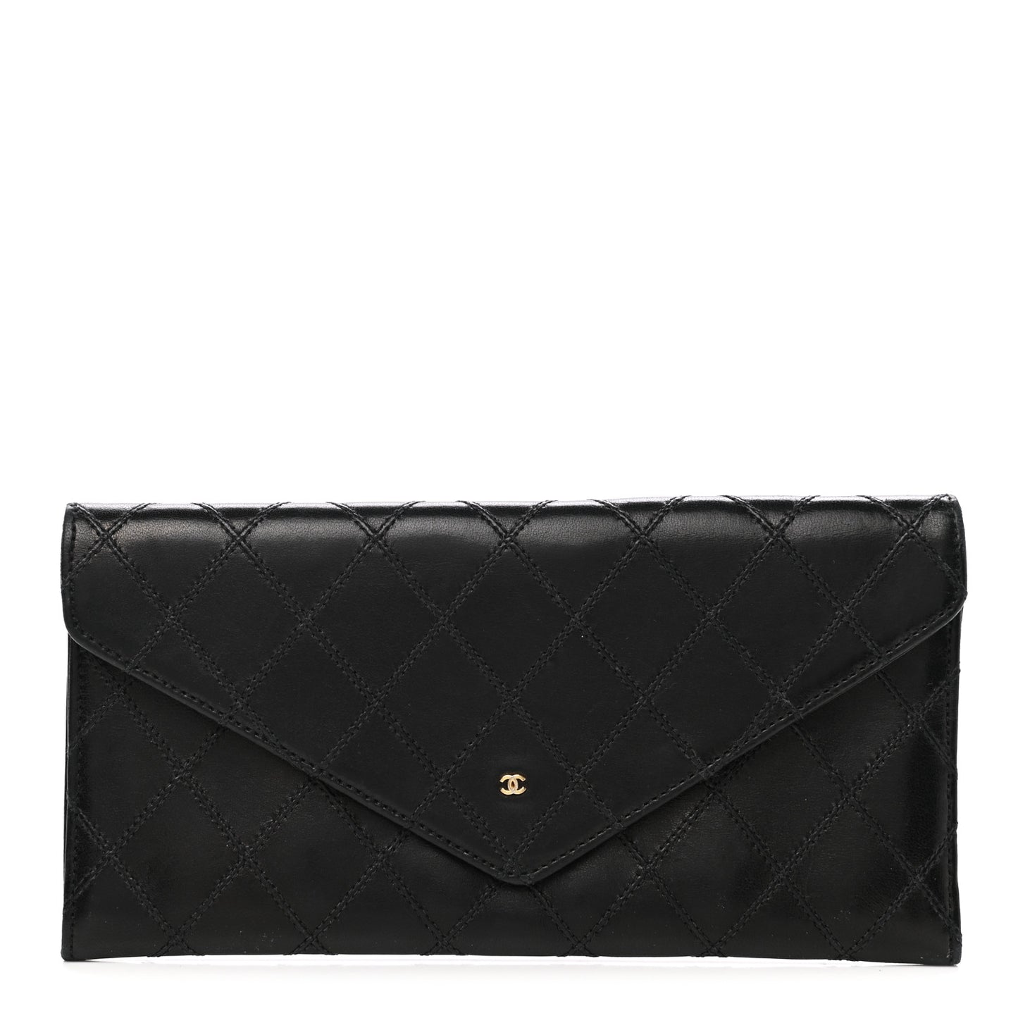 Lambskin Diamond Stitched Envelope Long Flap Wallet Black