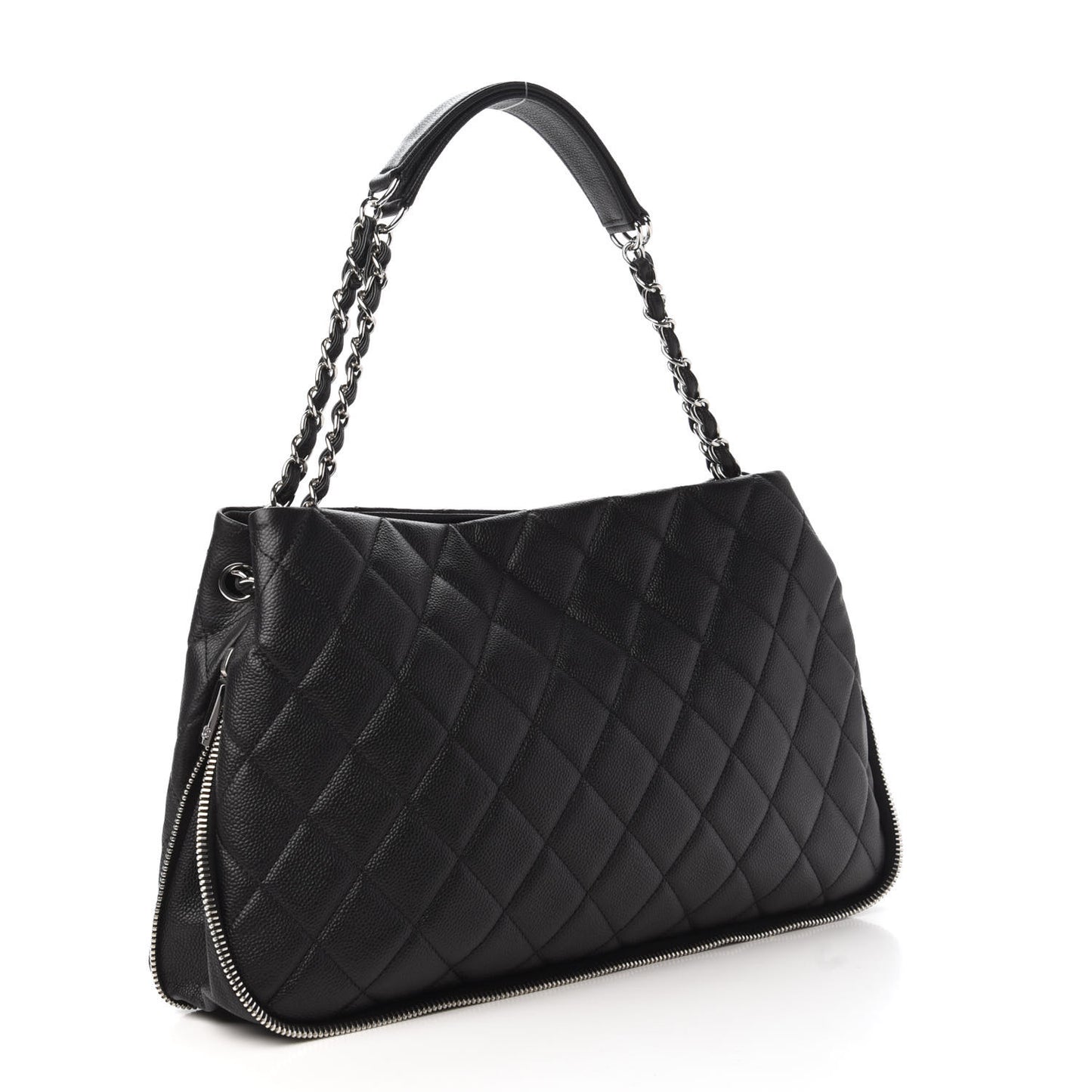 Caviar Quilted Expandable Zip Shoulder Bag Black