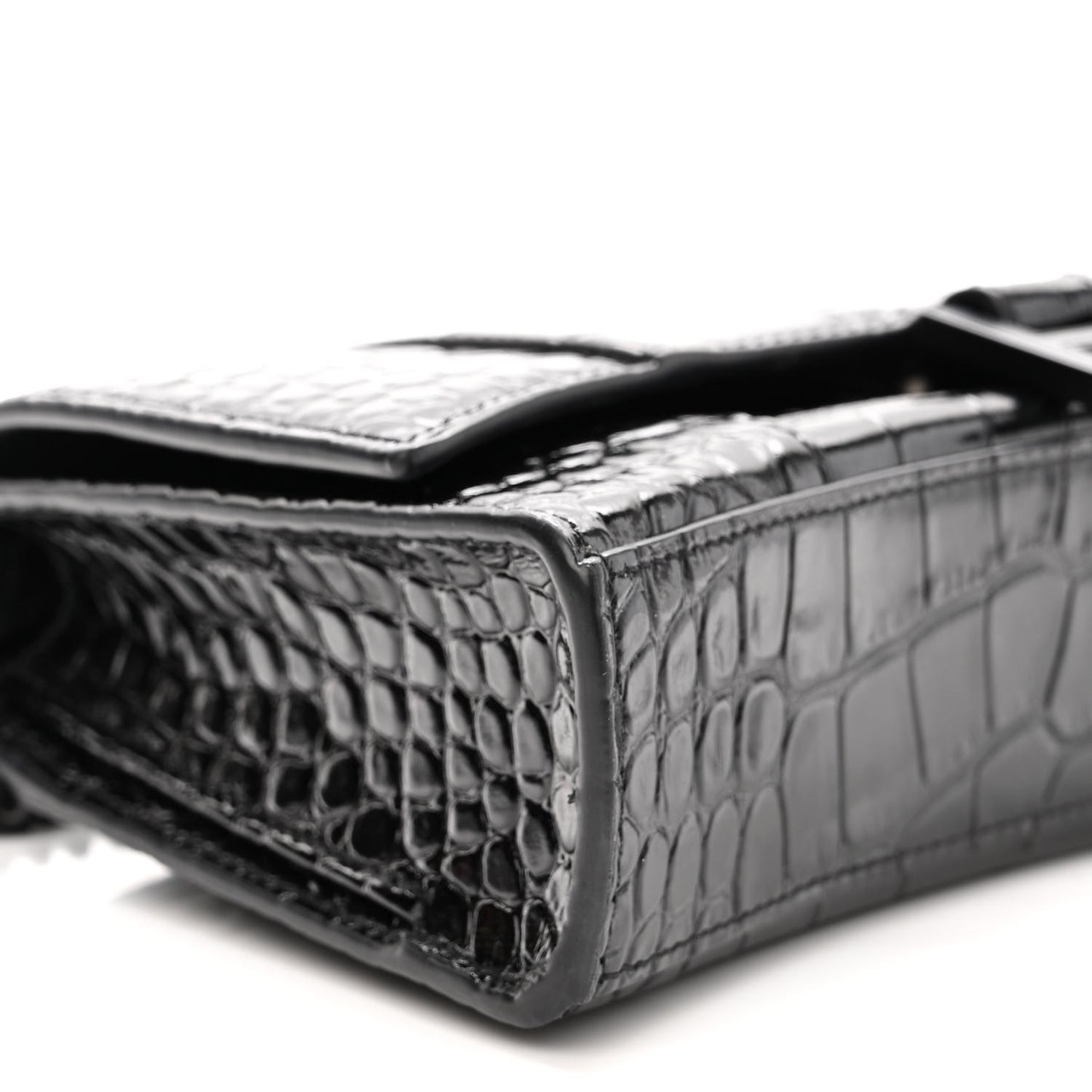 Shiny Calfskin Monochrome Crocodile Embossed Small Hourglass Evening Chain Bag Black