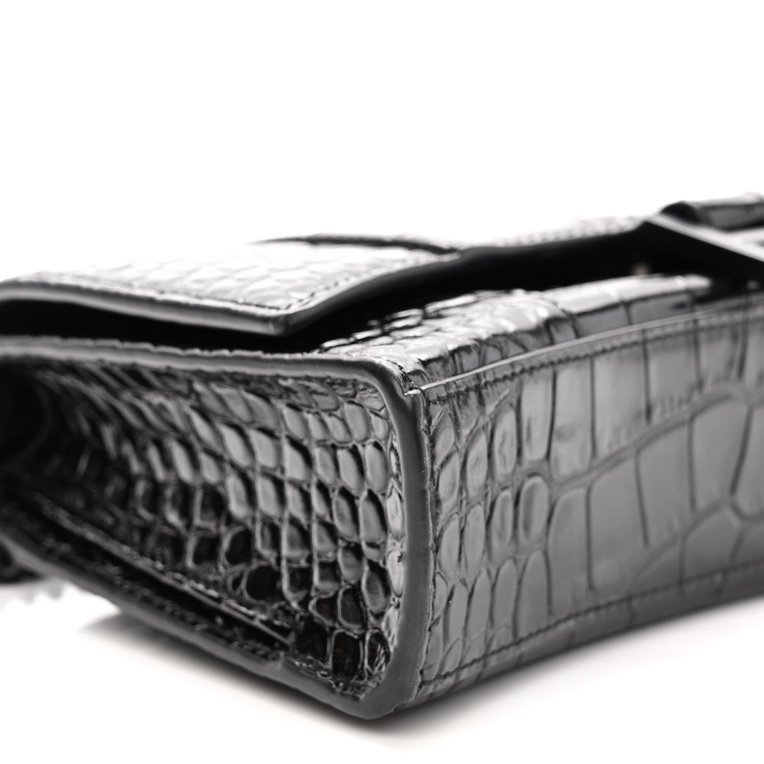 Balenciaga Shiny Calfskin Monochrome Crocodile Embossed Small Hourglass Evening Chain Bag Black 7 of 9