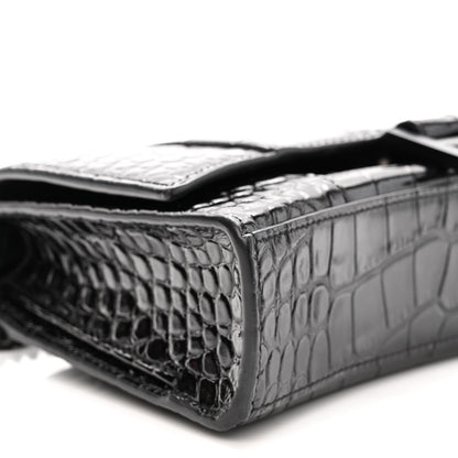 Balenciaga Shiny Calfskin Monochrome Crocodile Embossed Small Hourglass Evening Chain Bag Black 7 of 9