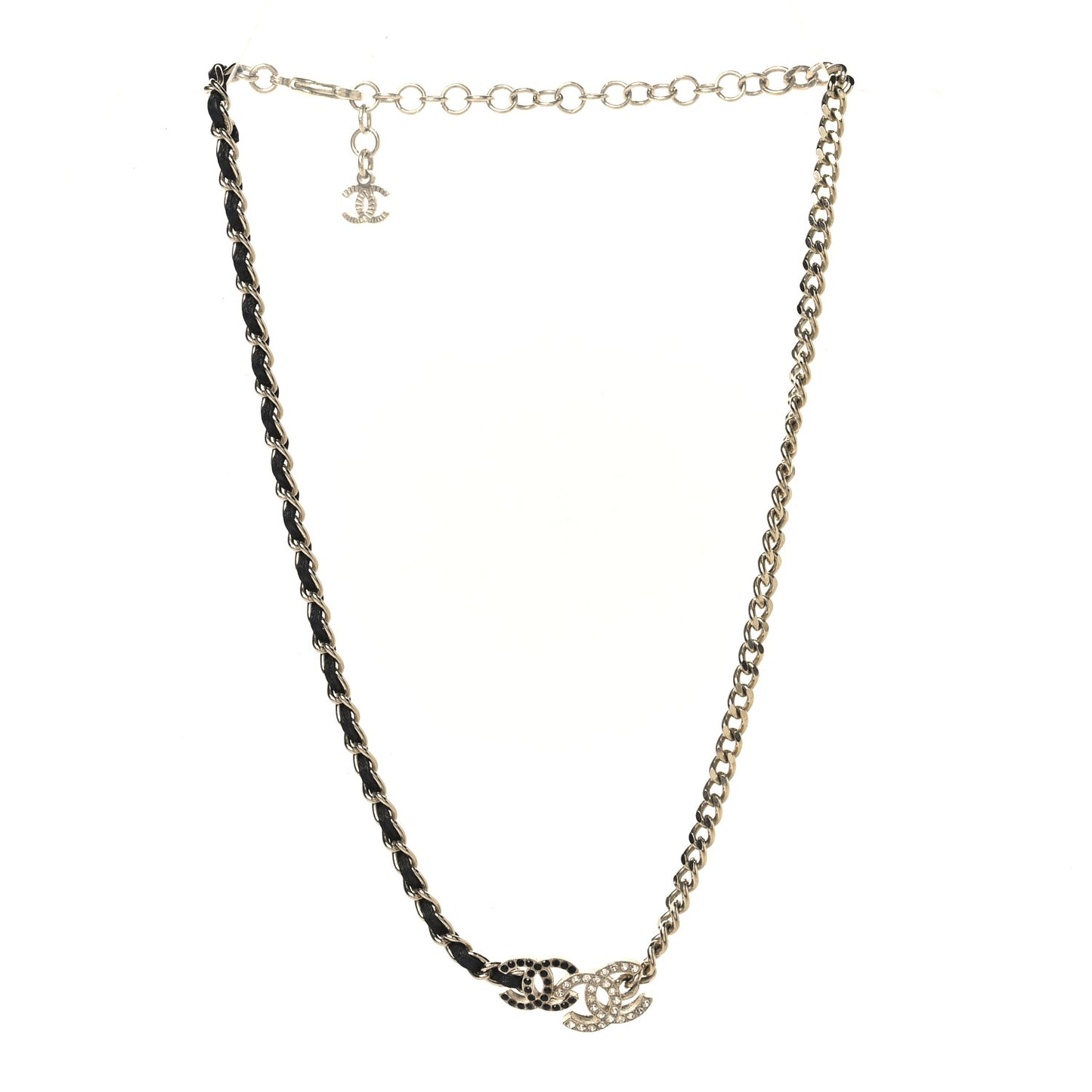 Metal Calfskin Crystal Double CC Short Necklace Black Gold