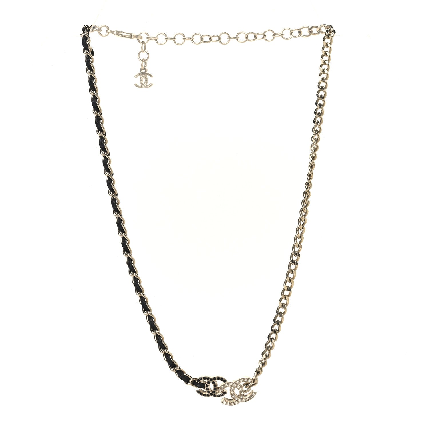 Chanel Metal Calfskin Crystal Double CC Short Necklace Black Gold 3 of 4