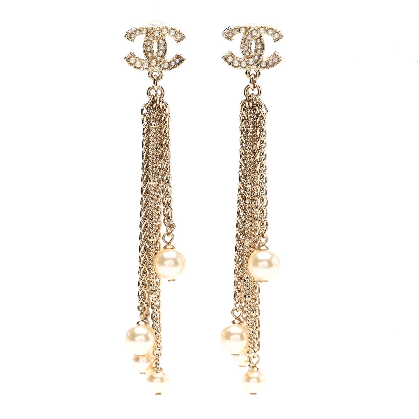 Pearl Crystal CC Chain Drop Earrings Silver