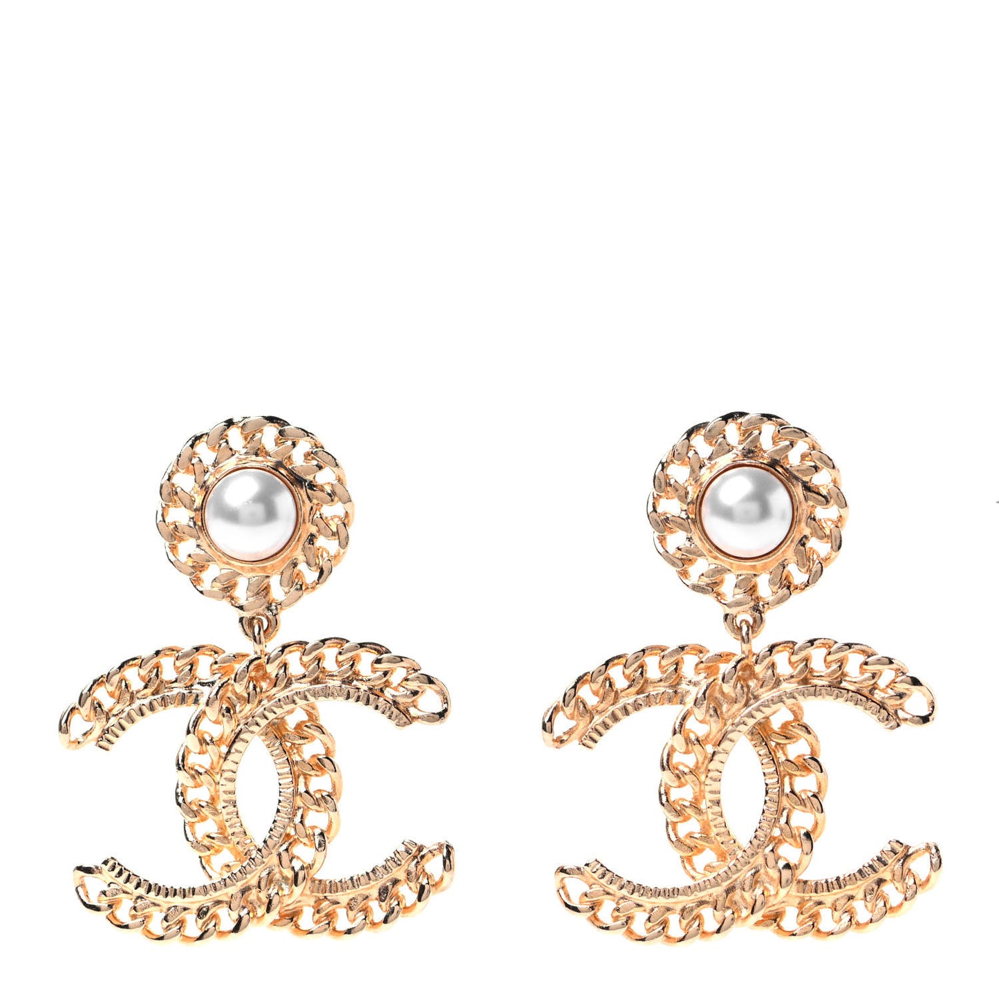 Metal Pearl CC Chain Drop Earrings Gold
