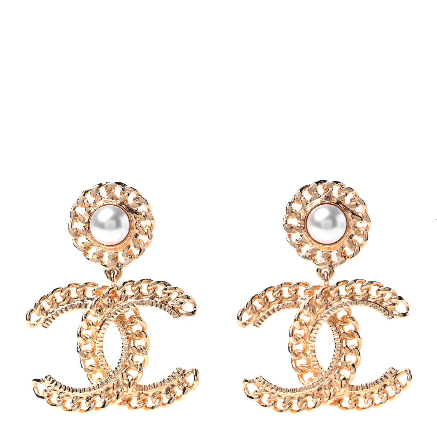 Chanel Metal Pearl CC Chain Drop Earrings Gold 1 of 4