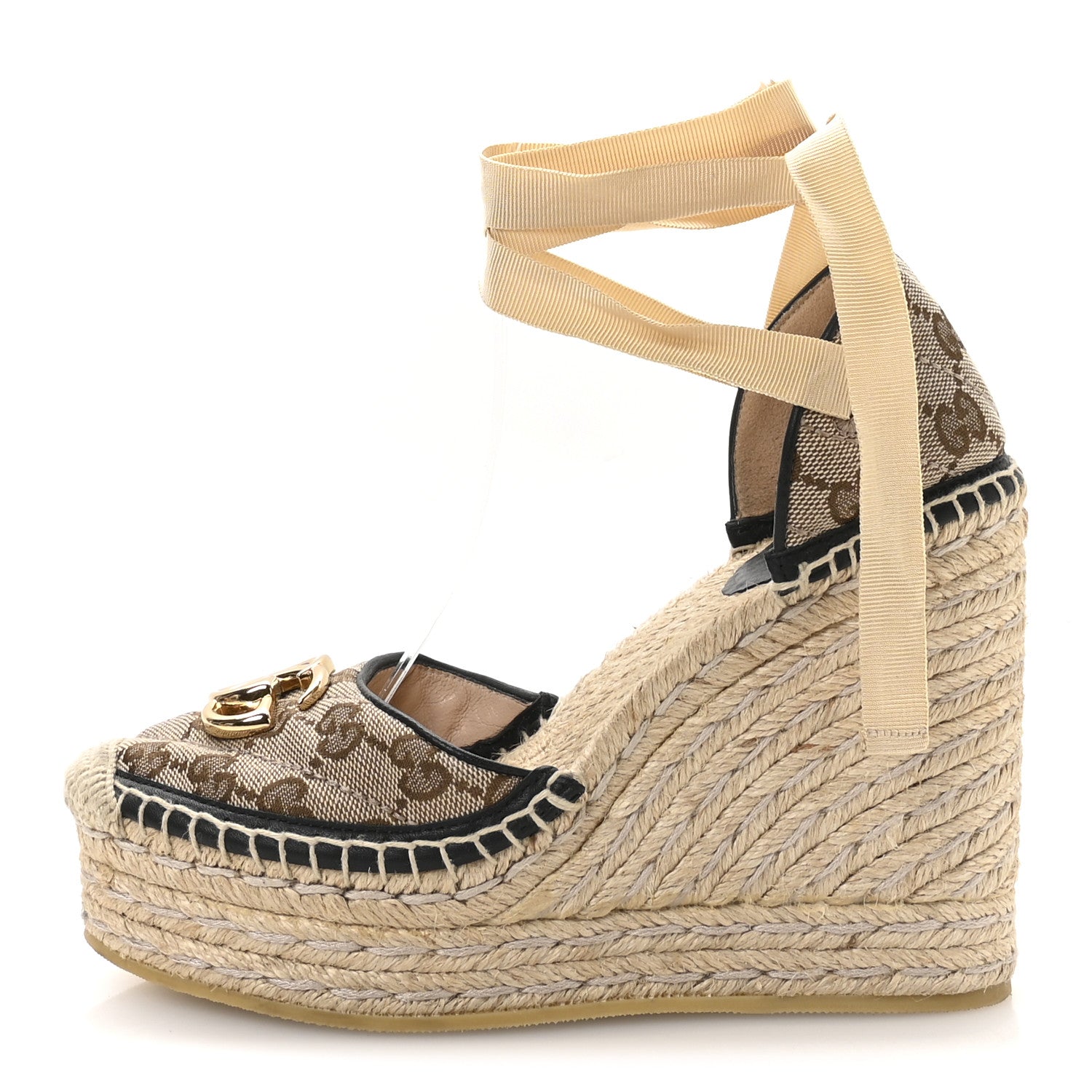 Gucci Monogram Matelasse GG Marmont Ankle Wrap Platform 35/120mm Espadrille Wedges 36 Beige Ebony Black Sand Storm 1 of 9