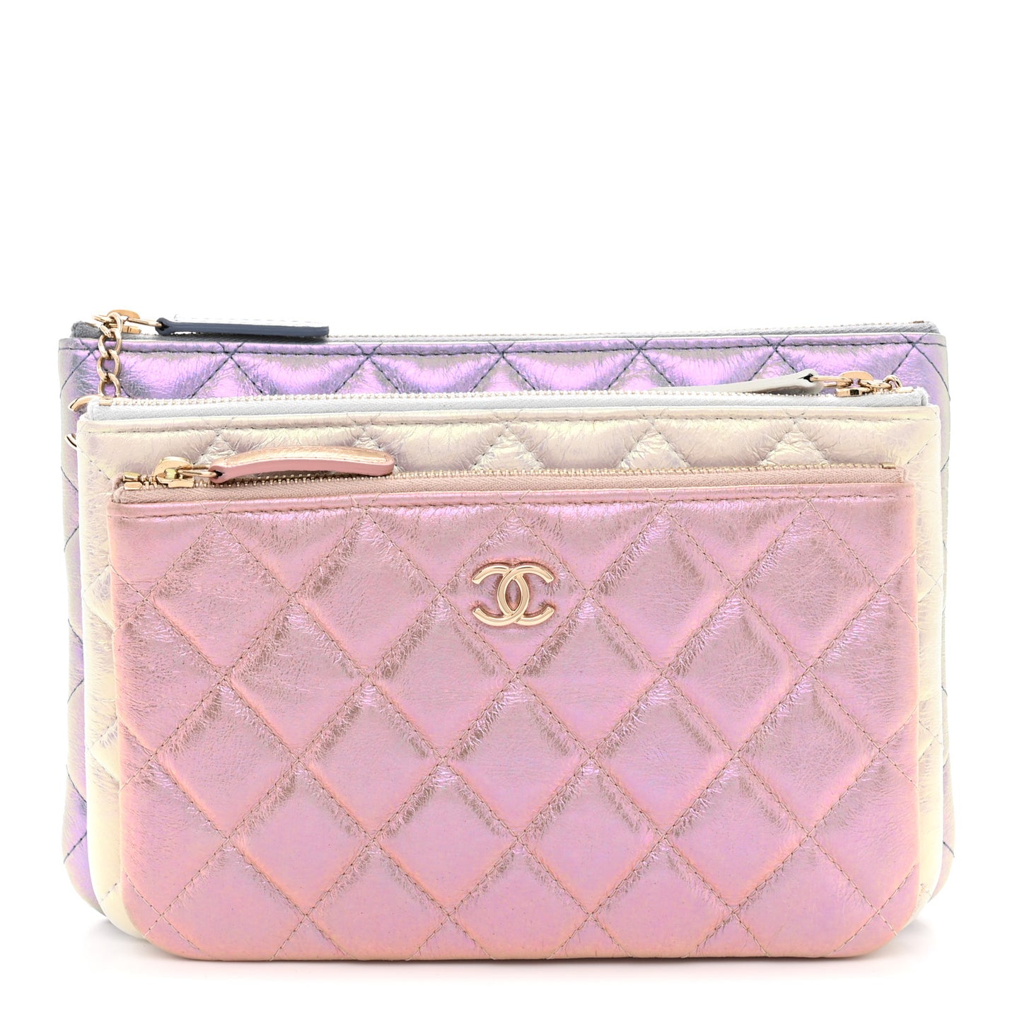 Iridescent Crumpled Calfskin Trio Cosmetic Case Blue Pink Ivory