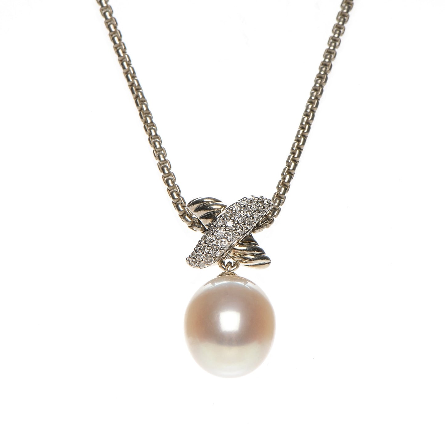 Sterling Silver Pearl Diamond 25mm X Pendant Necklace