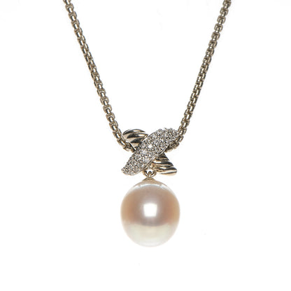 David Yurman Sterling Silver Pearl Diamond 25mm X Pendant Necklace 3 of 5