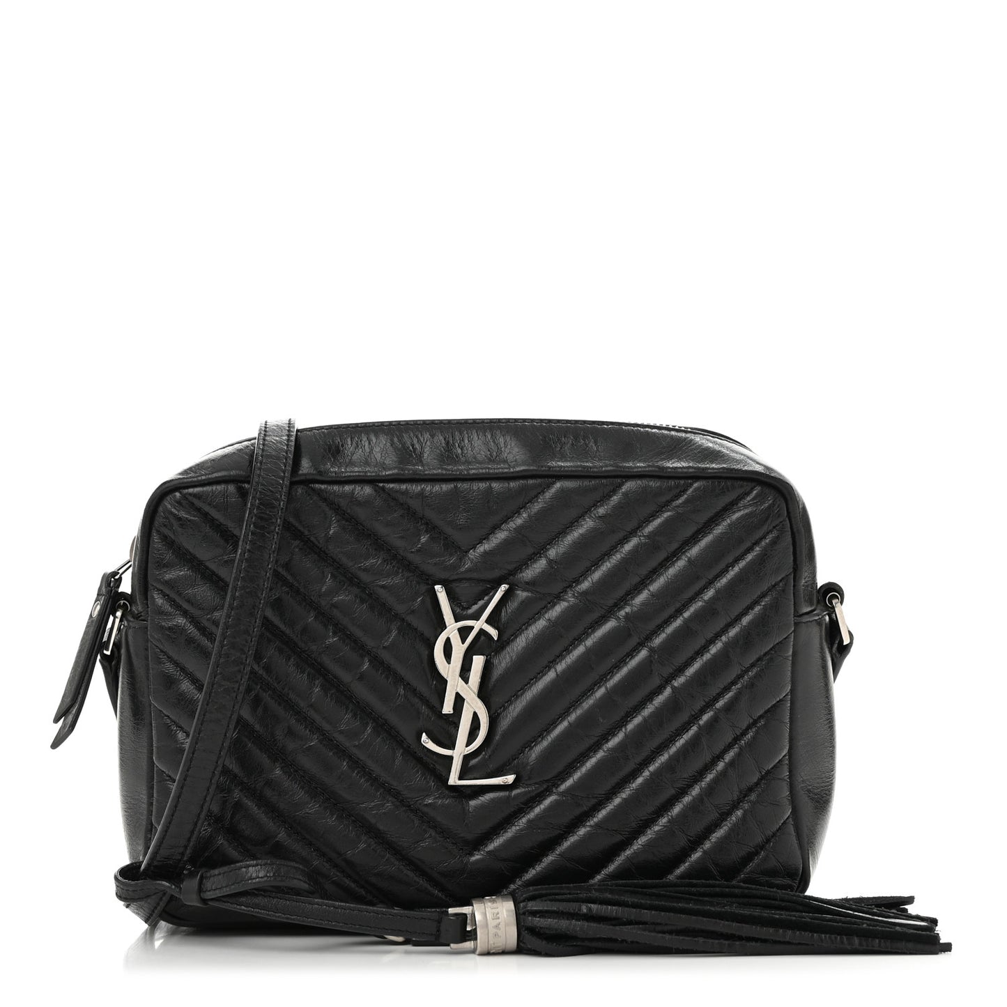 Cracked Shiny Calfskin Matelasse Monogram Lou Camera Bag Black