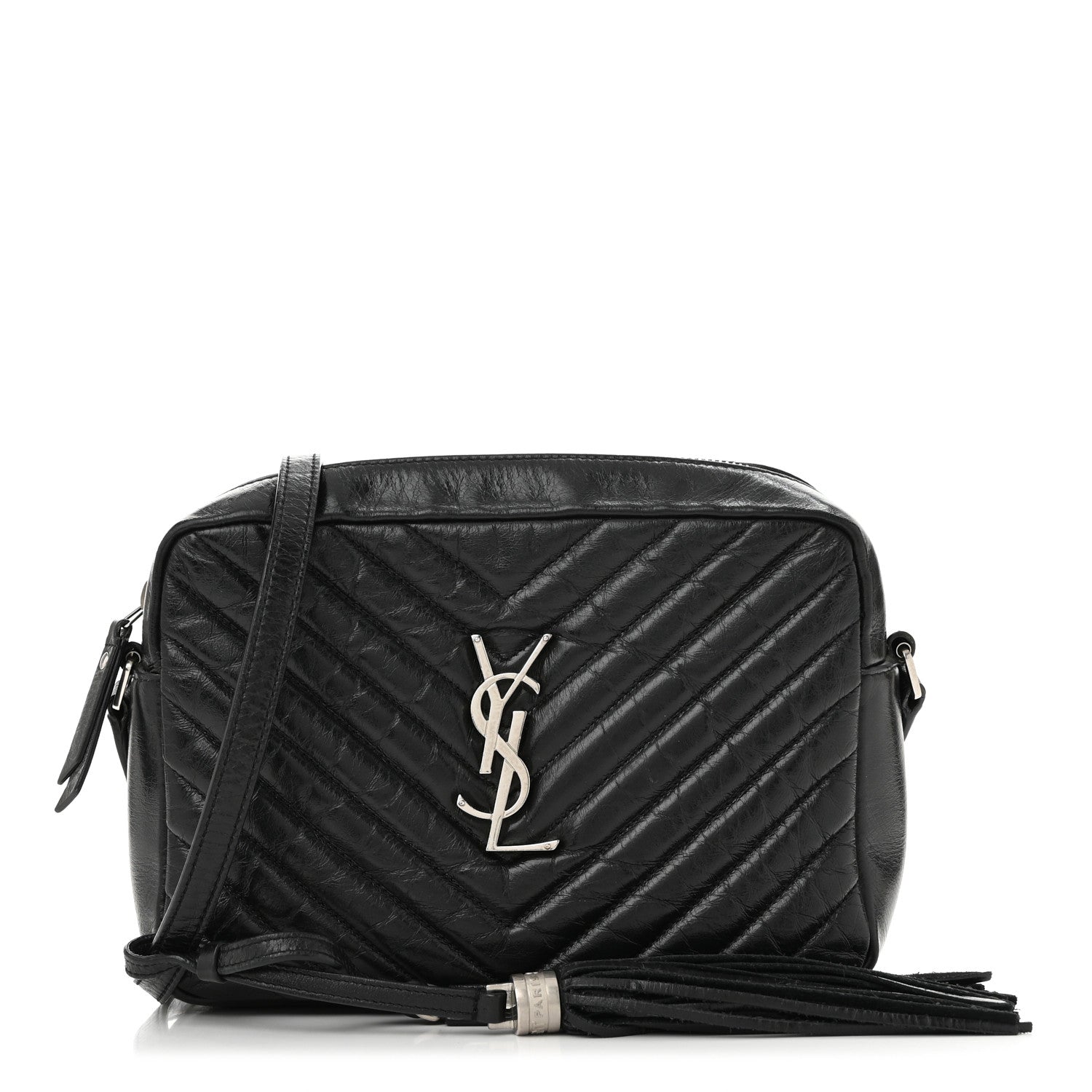 Saint Laurent Cracked Shiny Calfskin Matelasse Monogram Lou Camera Bag Black 1 of 11