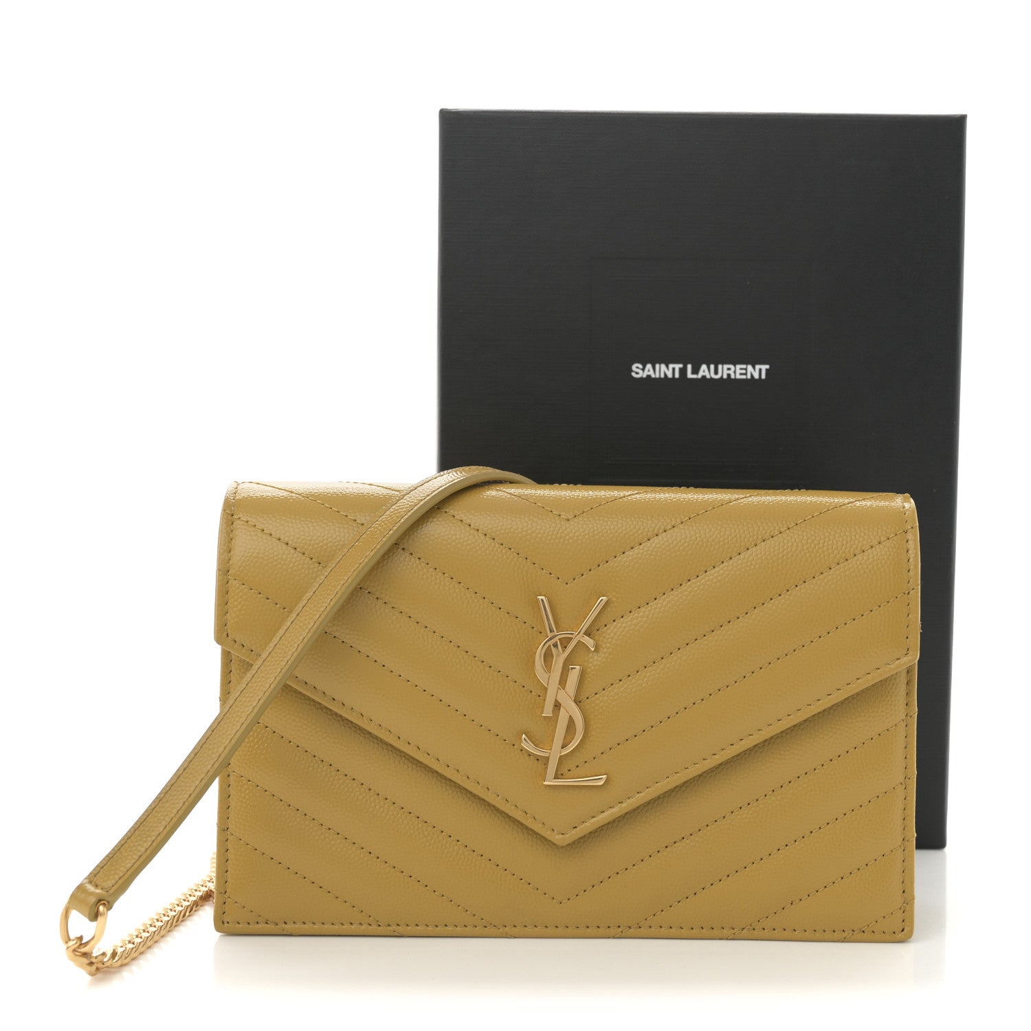 Saint Laurent Grain De Poudre Matelasse Chevron Monogram Envelope Chain Wallet Light Chartreuse 10 of 10