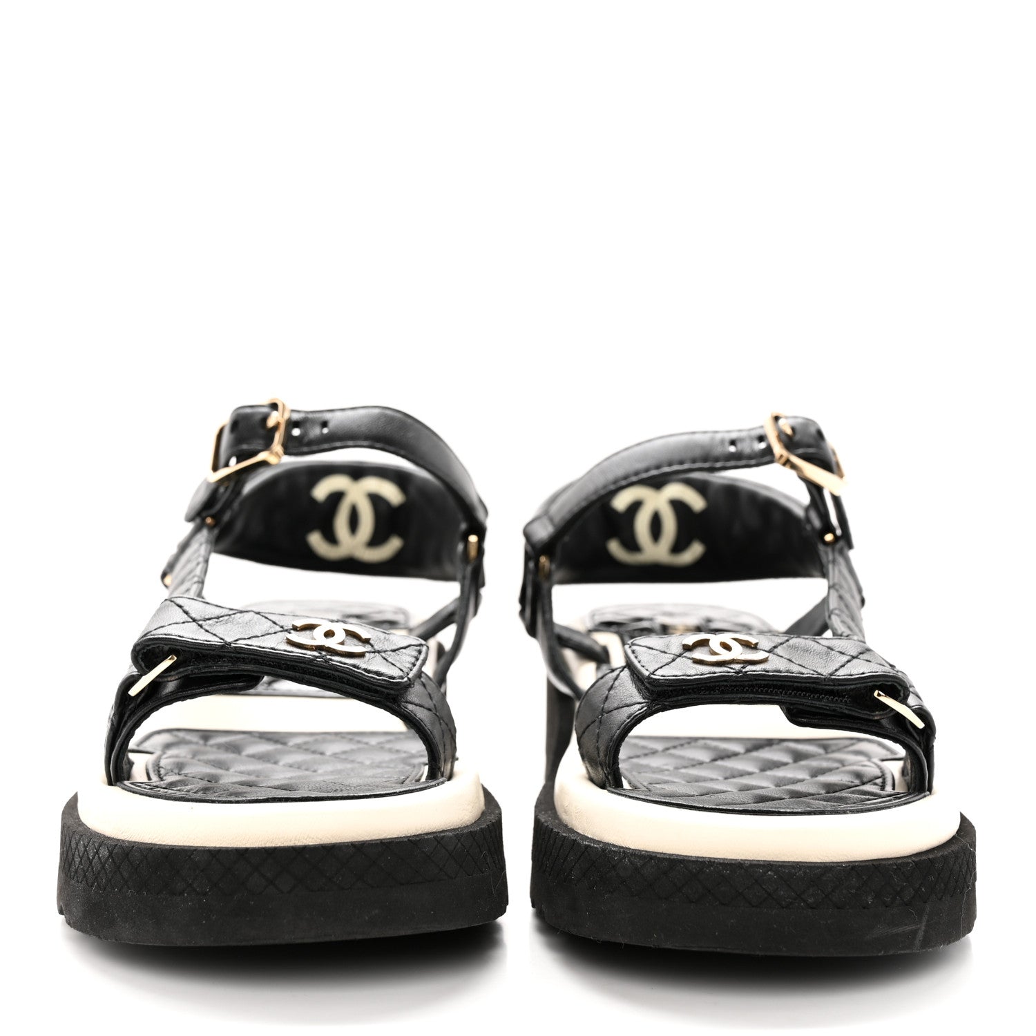 Chanel Lambskin Patent Logo Platform Sandals 37 Black White 2 of 12