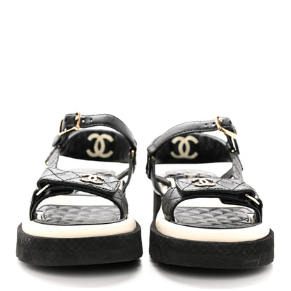 Chanel Lambskin Patent Logo Platform Sandals 37 Black White 2 of 12