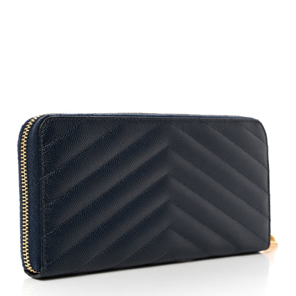 Saint Laurent Grain De Poudre Matelasse Chevron Monogram Zip Around Wallet Navy 3 of 6