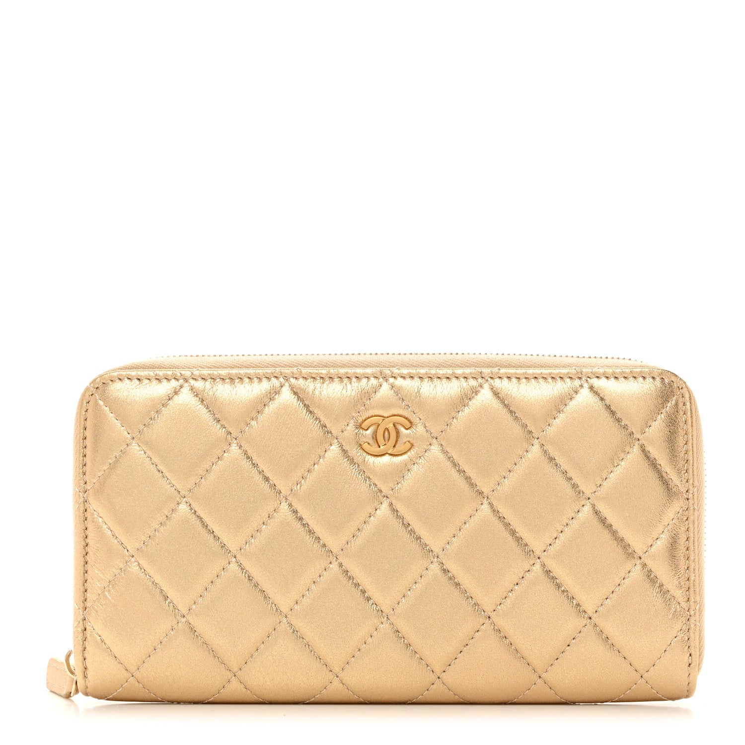 Chanel Metallic Lambskin Quilted Large Gusset Zip Around Wallet Gold 1 of 9
