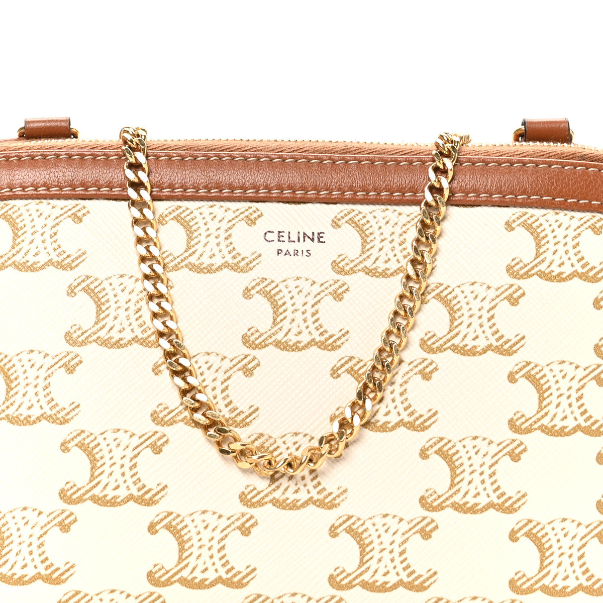 Celine Lambskin Triomphe Canvas Clutch With Chain  White Tan 7 of 9