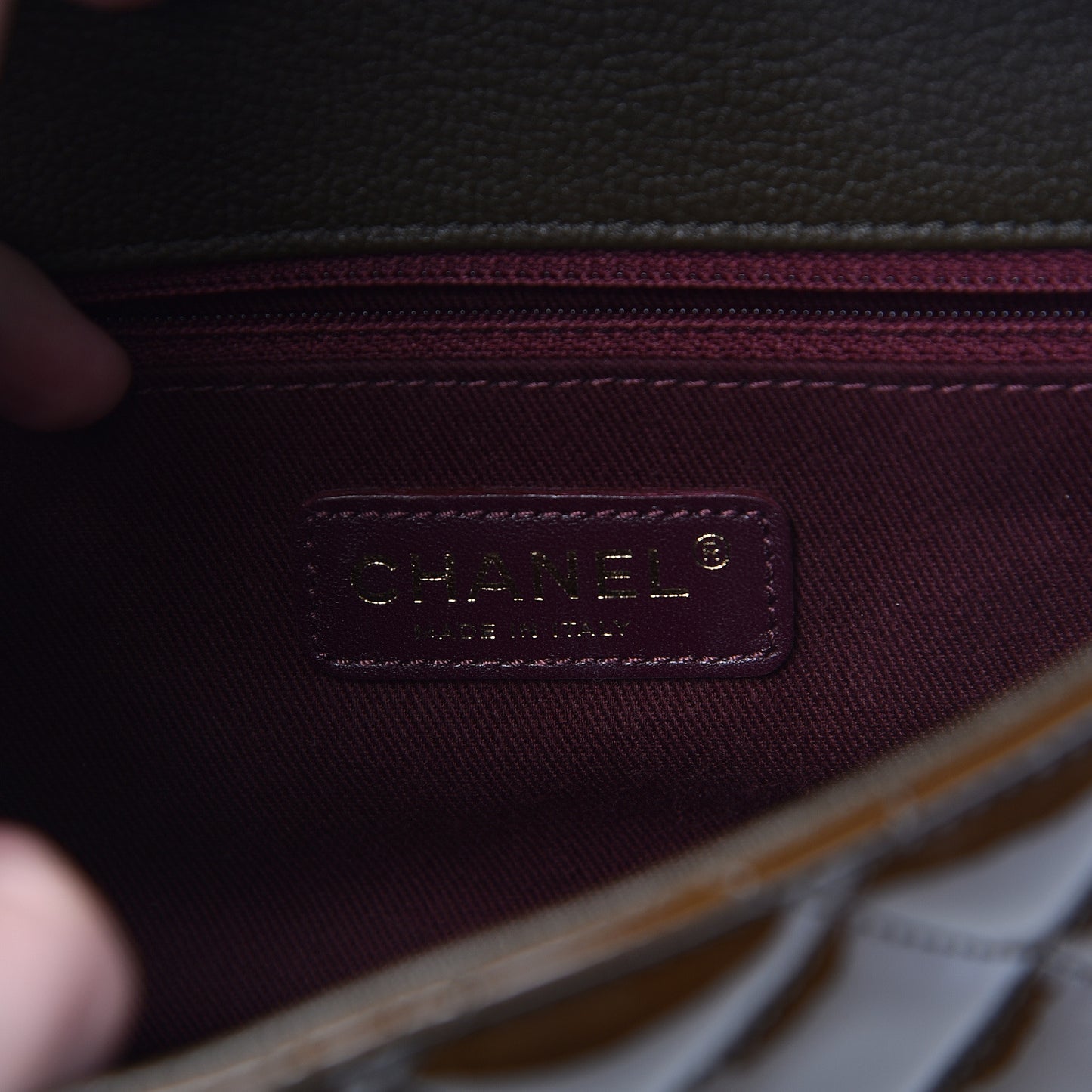 Patent Goatskin Quilted Medium CC Eyelet Flap Khaki