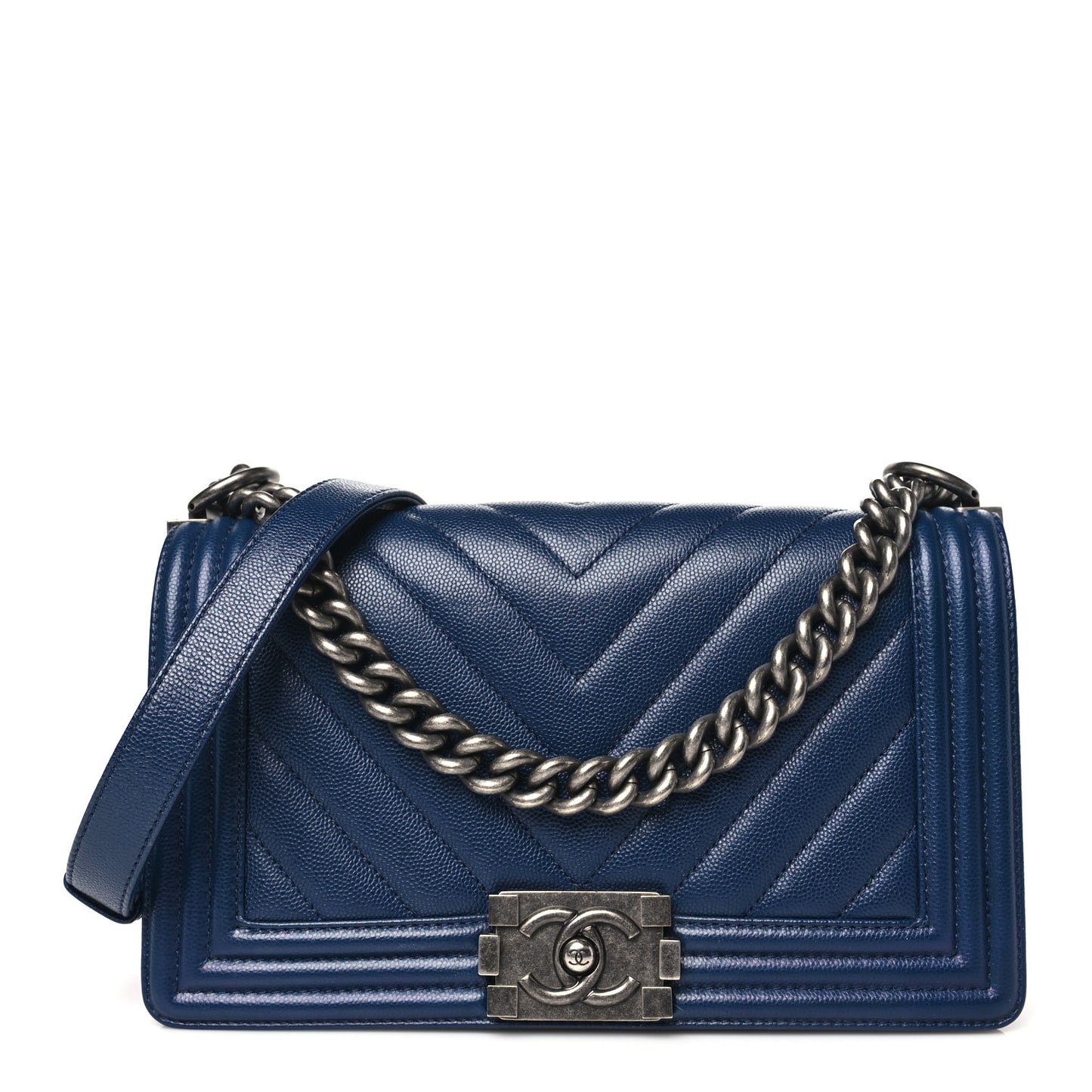 Caviar Chevron Quilted Medium Boy Flap Navy