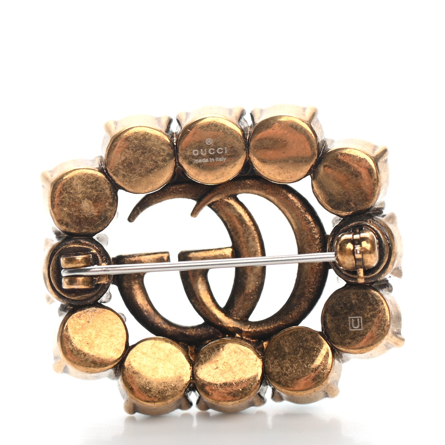 Gucci Metal Crystal Double G Brooch Aged Gold Green 3 of 4