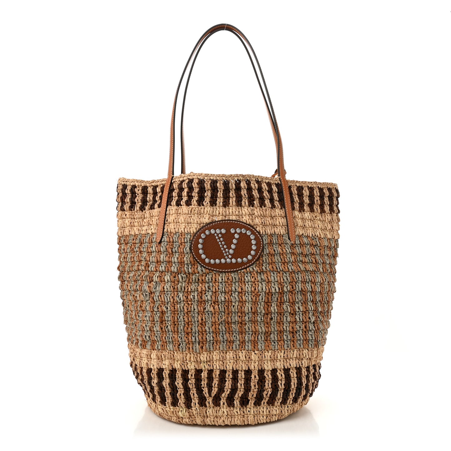Raffia Nappa Medium Vlogo Signature Crochet Bucket Bag Beige Multicolor